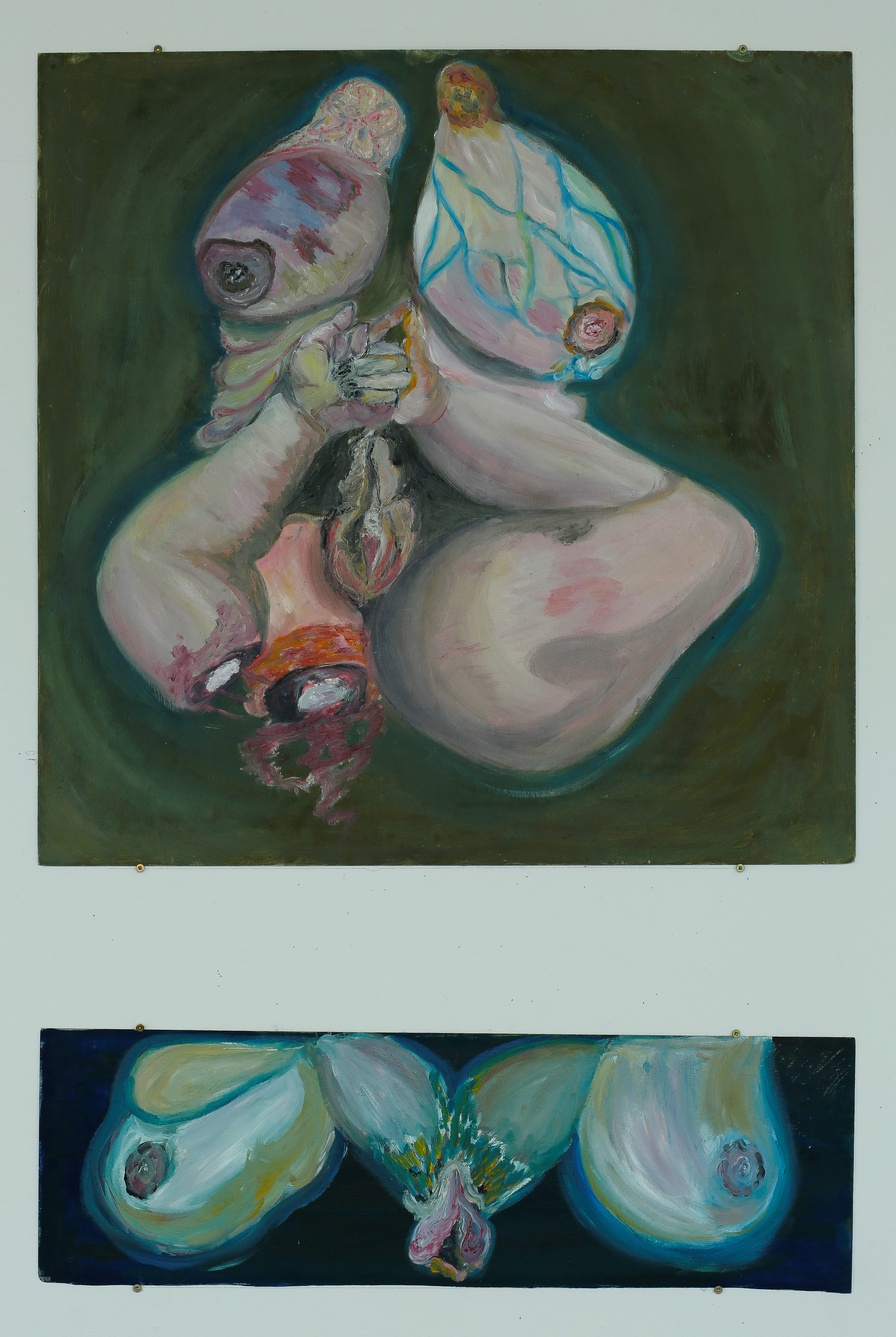 <i>Oddly Bodily 6 and 7</i><br>Oil on wood panel, 12 x 48 in and 30 x 30 in, 2020.